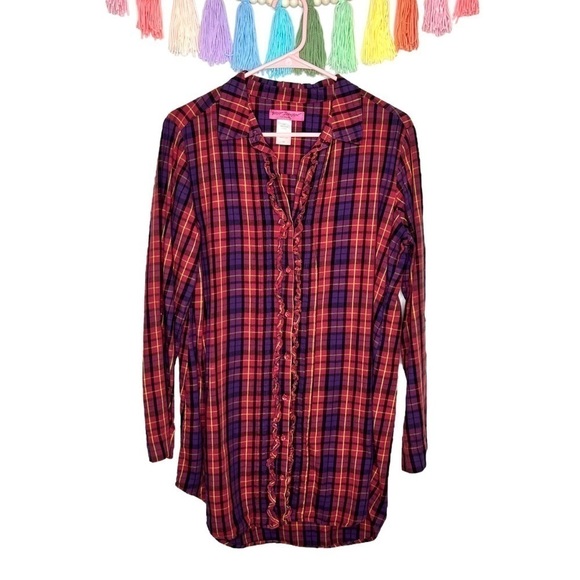 Betsey Johnson Intimates Vintage Y2K Pink Purple Plaid Tunic Sleep Shirt Medium - Picture 2 of 11